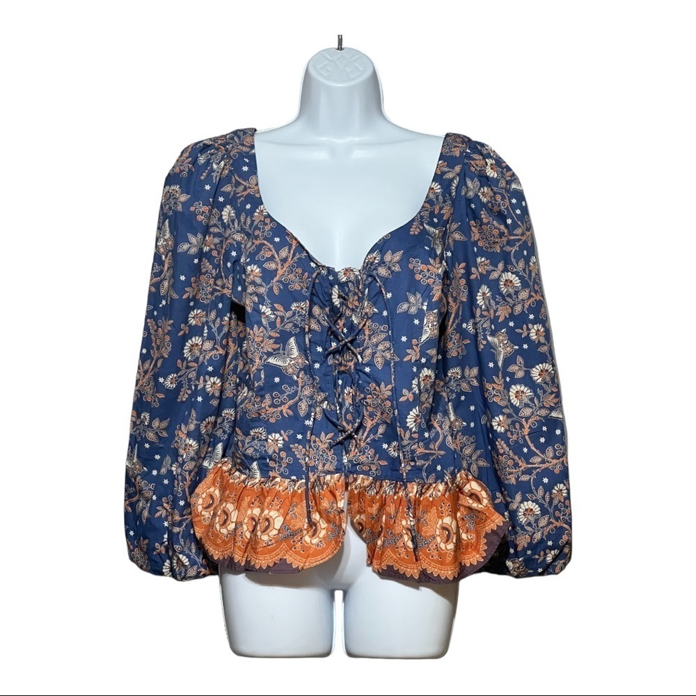 House of Harlow 1960 Nastassia Blouse Blue & Orange Boho Top Medium
